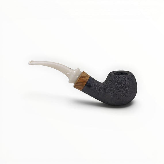 Floppypipe Talamona Reverse Special Bent Apple pipe, black sandblasted finish, ivory methacrylate mouthpiece with olive wood and green accent.