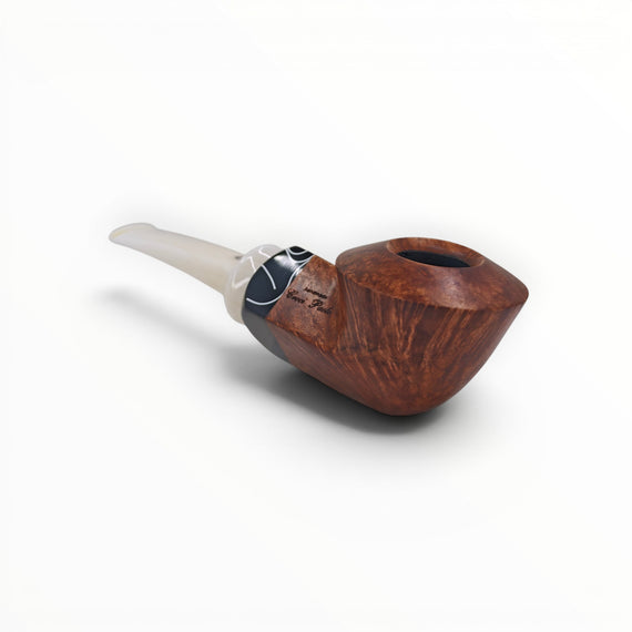 Floppypipe Pipa Talamona Reverse Special Bulldog in smooth natural briar, with black and white graphic detail on stem.