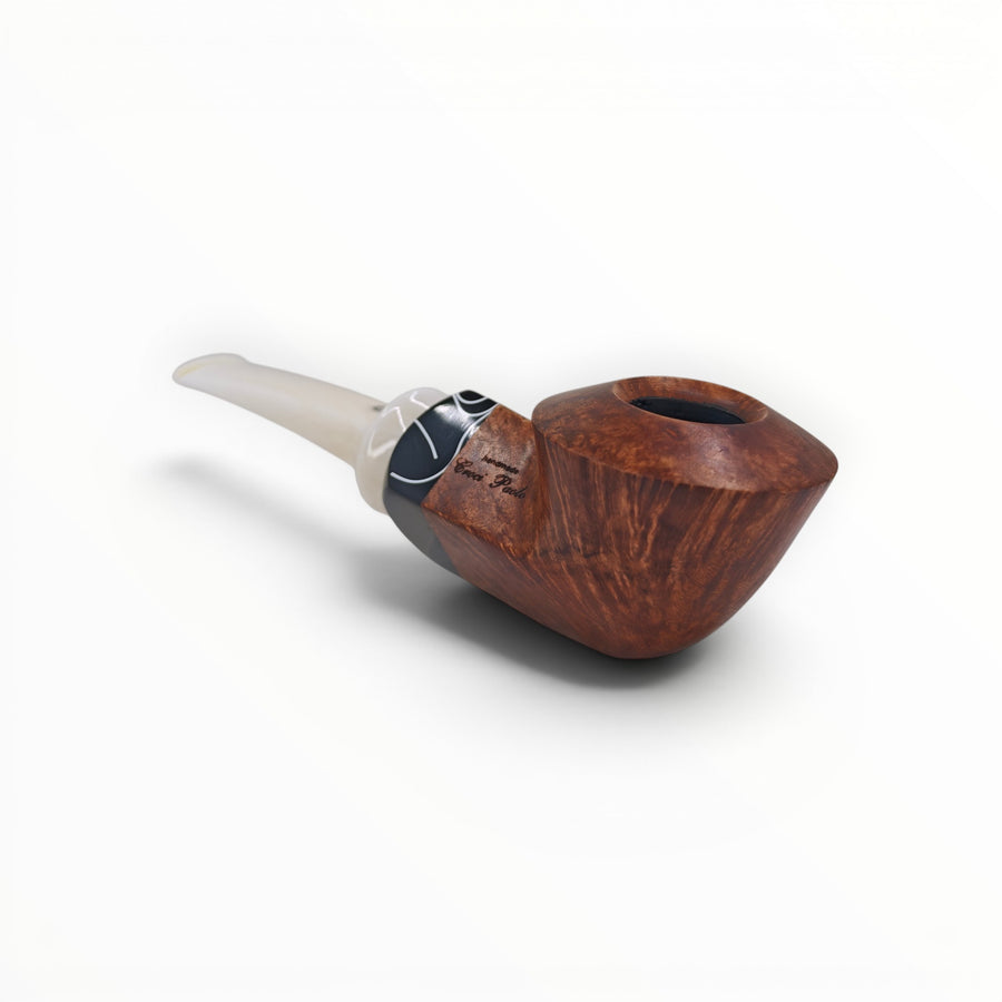 Floppypipe Pipa Talamona Reverse Special Bulldog in smooth natural briar, with black and white graphic detail on stem.