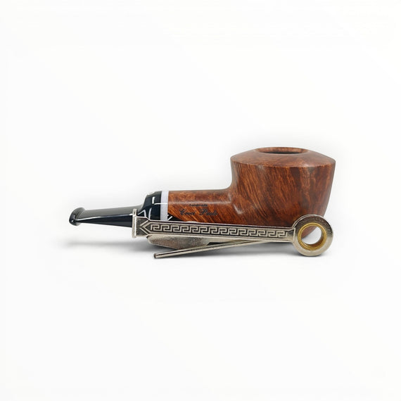 Floppypipe Pipa Talamona Reverse Special Liscia Dublin, a smooth natural briar pipe with a Dublin shape and black mouthpiece with white graphic detail.