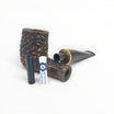Floppypipe Pipa Talamona Rusticata Billiard pipe with dark rustic finish, smooth natural briar section, black mouthpiece and gold band. Includes filter and adapter.