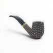 Floppypipe Pipa Talamona Rusticata Latakia 705 Bent Billiard, rusticated dark briar bowl, smooth natural briar shank, black mouthpiece with gold band and white dot.