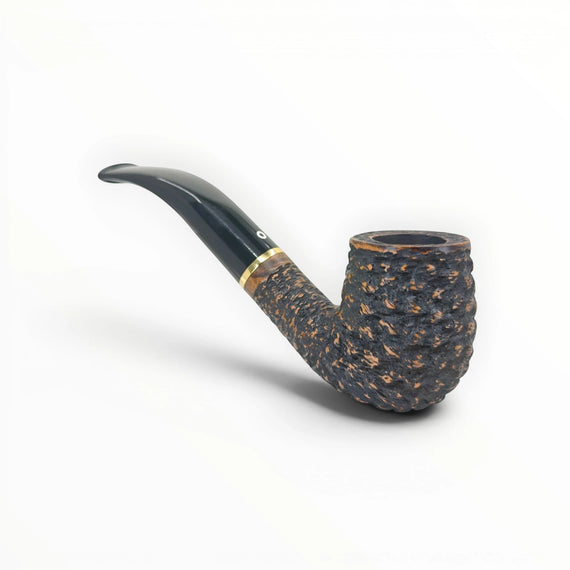 Floppypipe Pipa Talamona Rusticata Latakia 705 Bent Billiard, rusticated dark briar bowl, smooth natural briar shank, black mouthpiece with gold band and white dot.