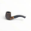 Floppypipe Pipa Talamona Rusticata Latakia 705 Bent Billiard pipe with a rustic, dark briar bowl, smooth natural briar shank, black mouthpiece, and gold band.
