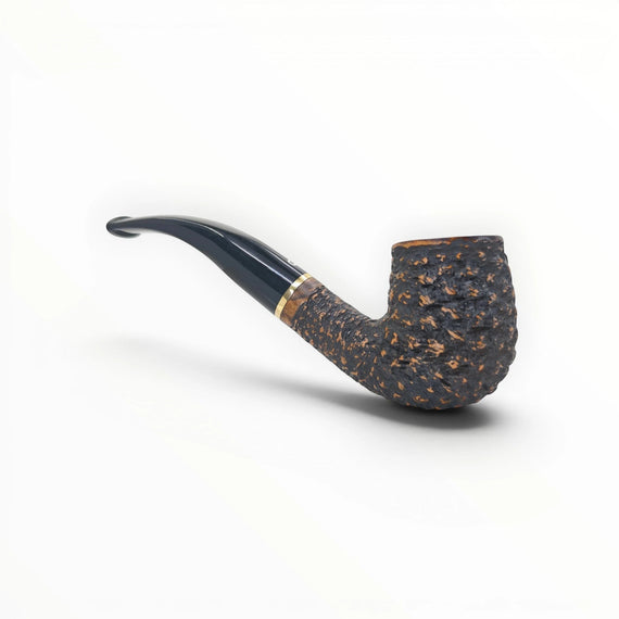 Floppypipe Pipa Talamona Rusticata Latakia 705 Bent Billiard, rusticated dark briar bowl, smooth natural briar shank, black mouthpiece with gold band and white dot.