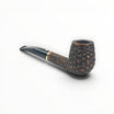 Floppypipe Pipa Talamona Rusticata Latakia 802 Bent Brandy pipe with rustic bowl, smooth stem, and gold band. Features 9mm filter.