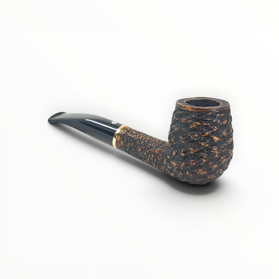 Floppypipe Pipa Talamona Rusticata Latakia 802 Bent Brandy pipe with rustic bowl, smooth stem, and gold band. Features 9mm filter.