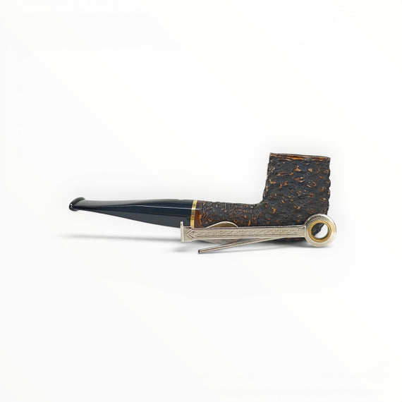 Floppypipe Pipa Talamona Rusticata Latakia 806 billiard pipe with 9mm filter and adapter. Dark rustic finish with smooth natural briar section and gold band.