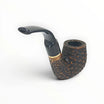 Floppypipe Pipa Talamona Rusticata Latakia 863 Bent Apple pipe with a rustic dark briar bowl and black acrylic stem with gold band.