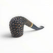 Floppypipe Pipa Talamona Rusticata Latakia 705 Bent Billiard pipe with a rustic black and brown briar bowl and a smooth natural briar shank, black stem, gold band.