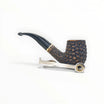 Floppypipe Pipa Talamona Rusticata Latakia 705 Bent Billiard pipe with 9mm filter and adapter. Rustic dark briar bowl, smooth natural briar shank, black stem with gold band.