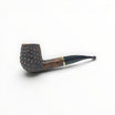 Floppypipe Pipa Talamona Rusticata Latakia 802 Bent Brandy pipe with rustic dark briar bowl and smooth natural briar shank, black mouthpiece, gold band.