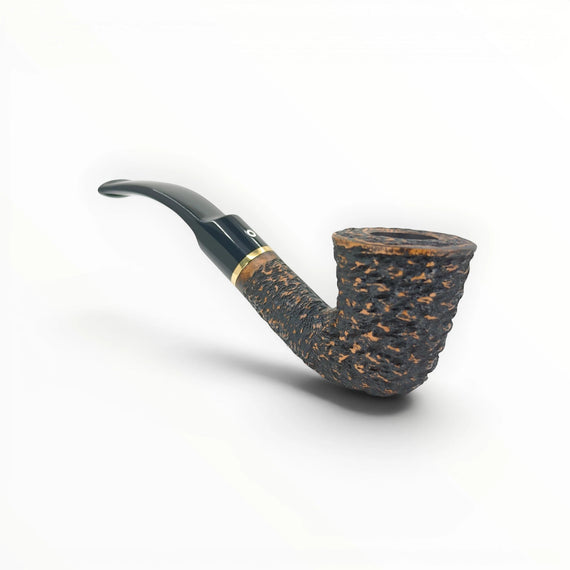 Floppypipe Pipa Talamona Rusticata Latakia 807 Bent Dublin pipe with a rustic black finish and a smooth natural briar section, gold band, and black mouthpiece.