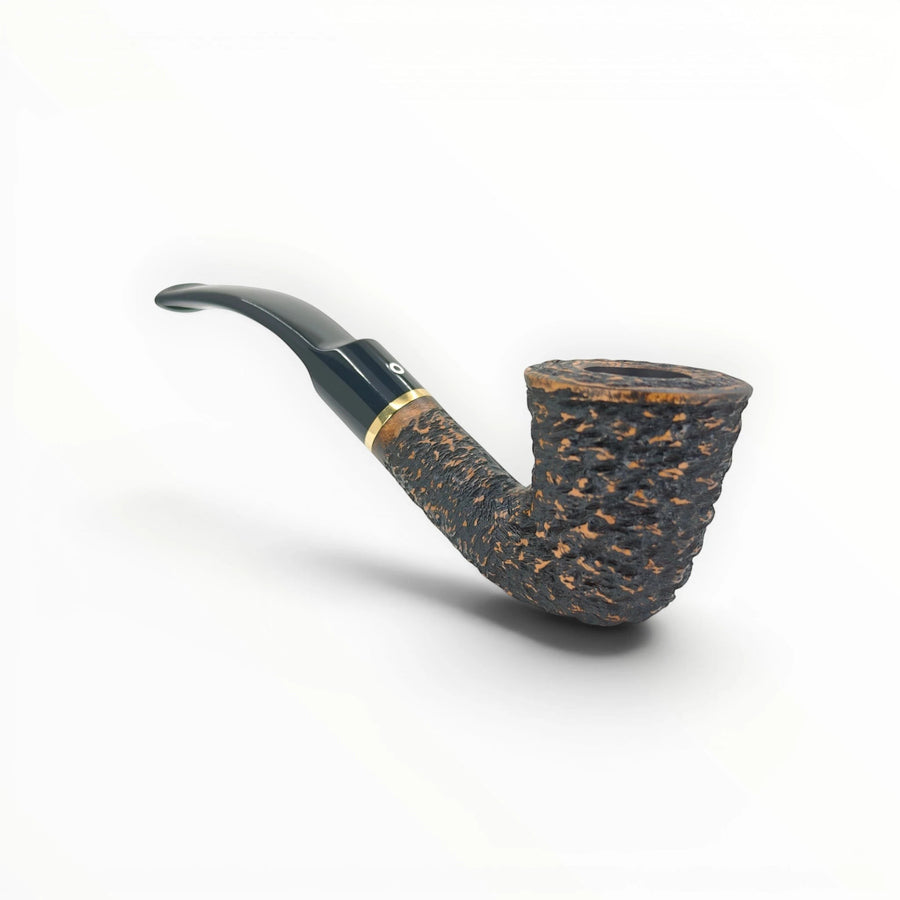 Floppypipe Pipa Talamona Rusticata Latakia 807 Bent Dublin pipe with a rustic black finish and a smooth natural briar section, gold band, and black mouthpiece.
