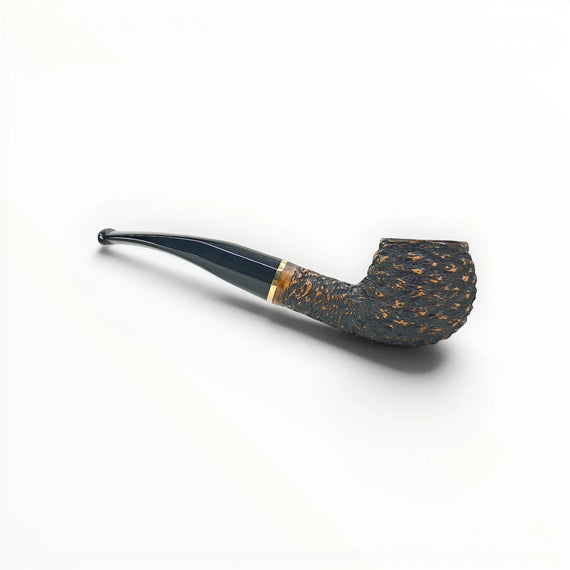 Floppypipe Bent Prince pipe with rustic bowl, smooth natural briar shank, black stem, and gold band. For Latakia tobacco.
