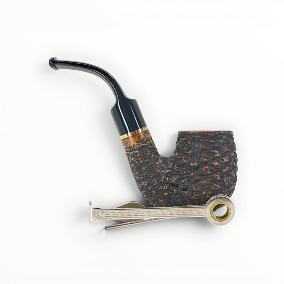 Floppypipe Pipa Talamona Rusticata Latakia Oom Paul pipe with rustic dark bowl, smooth natural briar shank, and black mouthpiece with gold band.