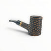 Floppypipe Pipa Talamona Rusticata Latakia 855 pipe with a rustic, dark briar bowl and black mouthpiece, gold band.