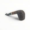 Floppypipe Pipa Talamona Rusticata Latakia 802 Bent Brandy pipe with rustic dark briar bowl, smooth natural briar shank, and black mouthpiece.