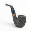 Floppypipe Pipa Talamona Rusticata Latakia Oom Paul pipe with rustic dark bowl, smooth natural briar shank, and black mouthpiece with gold band.