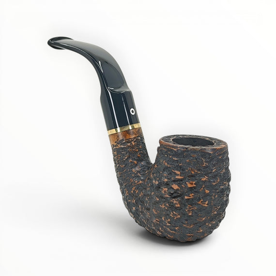 Floppypipe Pipa Talamona Rusticata Latakia Oom Paul pipe with rustic dark bowl, smooth natural briar shank, and black mouthpiece with gold band.