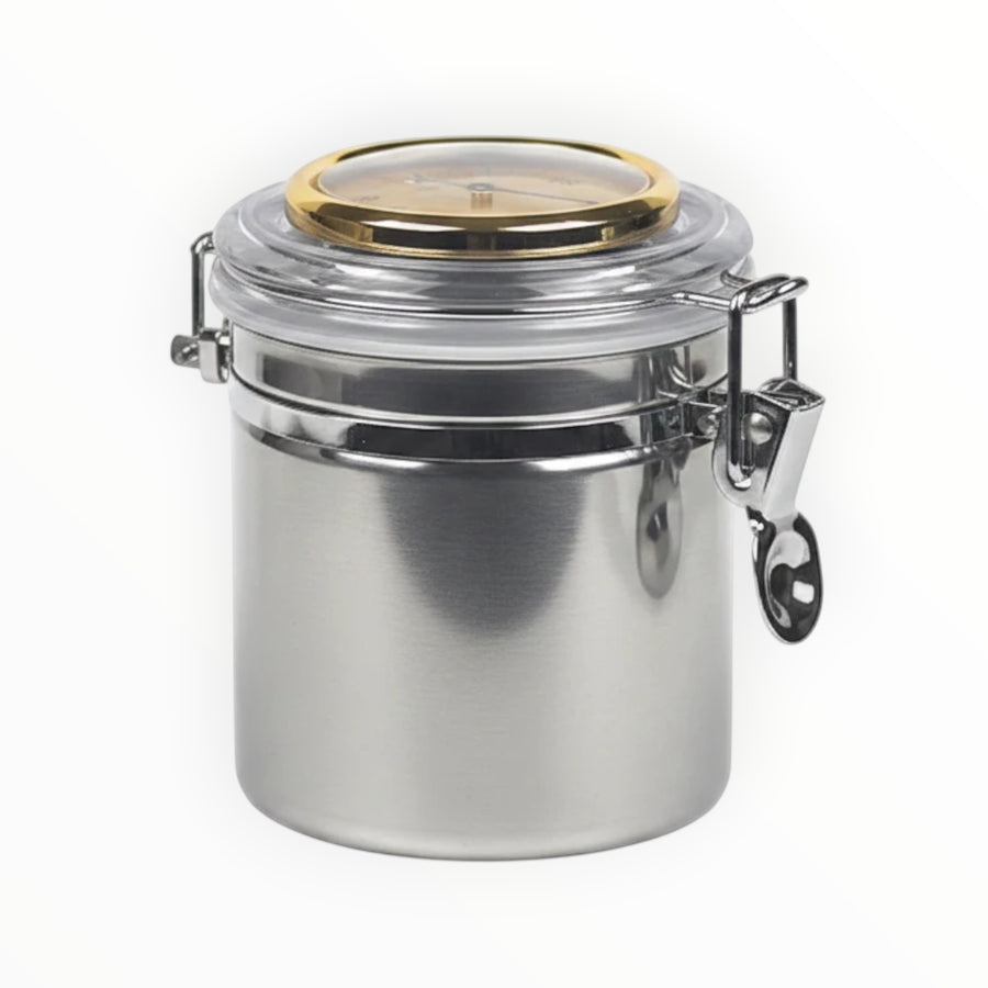 Vaso per tabacco Floppypipe Lubinski in acciaio inox con coperchio acrilico, igrometro analogico e chiusura ermetica.