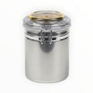 Vaso per tabacco Floppypipe Lubinski in acciaio inox con coperchio acrilico, igrometro dorato e chiusura ermetica.