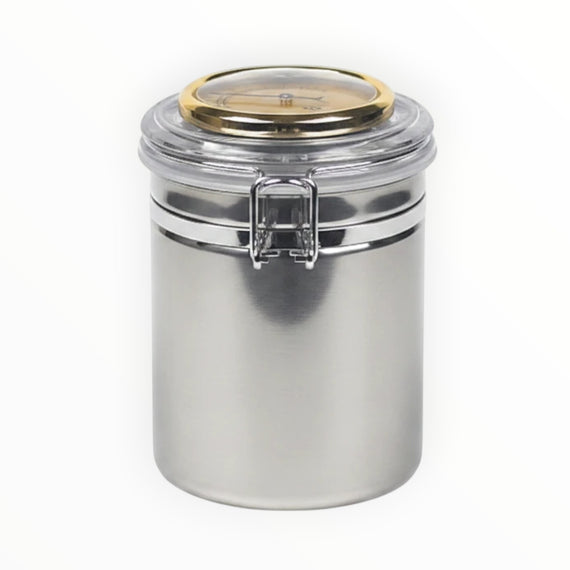 Vaso per tabacco Floppypipe Lubinski in acciaio inox con igrometro analogico, coperchio acrilico e chiusura ermetica.