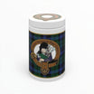 Vaso per tabacco Floppypipe in ceramica con motivo tartan blu e verde e stemma di un suonatore di cornamusa scozzese