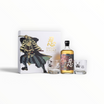 Gift set Floppypipe con whisky giapponese Shinobu, bottiglia da 700ml e due bicchieri serigrafati con elmo samurai.