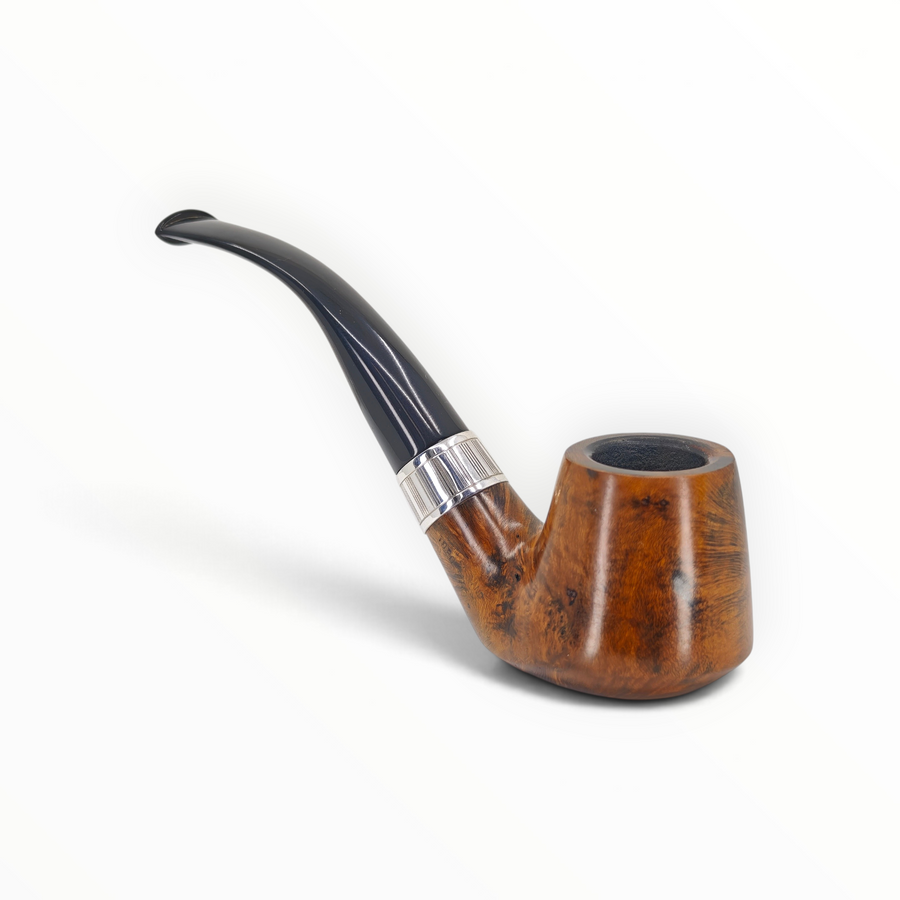 Pipa GBD Prestige stand up in radica liscia con ghiera in argento lavorato e bocchino curvo in metacrilato nero