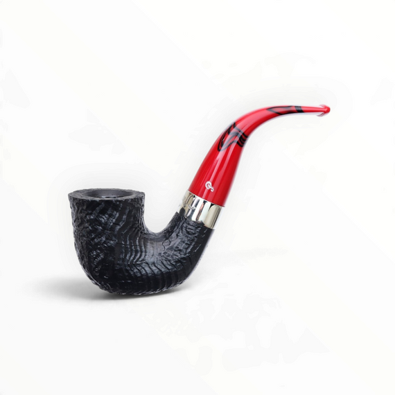 Pipa Floppypipe Peterson Dracula 05 sabbiata nera con bocchino in acrilico marmorizzato rosso e vera in nichel