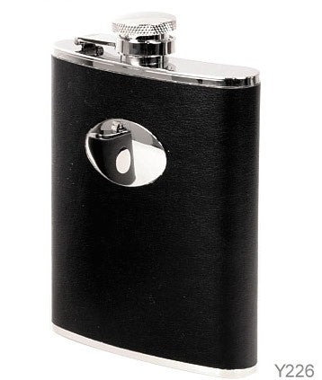 Fiasca inox 6 oz. rivestita in pelle nera