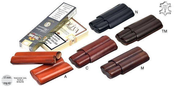 Portasigari Lubinski in vero cuoio Tamponato per 2 toscani XXL , Perla , Minutos e Piccolo